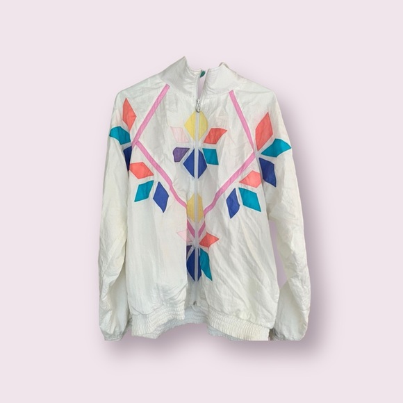 Lavon Jackets & Blazers - Vintage Lavon Windbreaker Jacket White Geometric Nylon rainbow Women's Size L